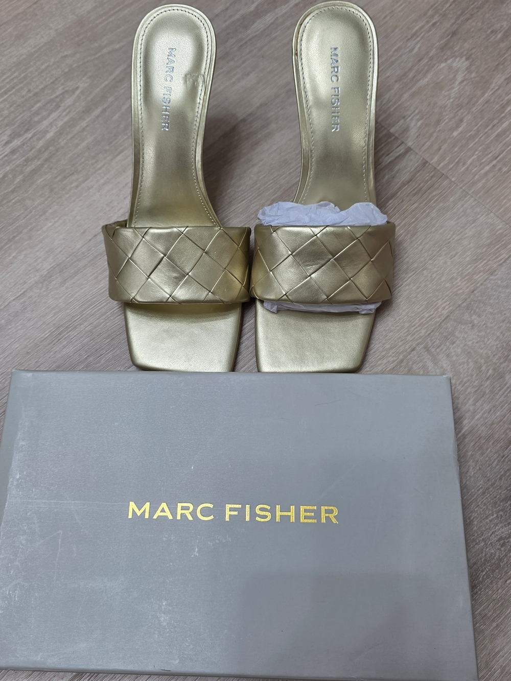 Marc Fisher Gold Woven Slide Heels